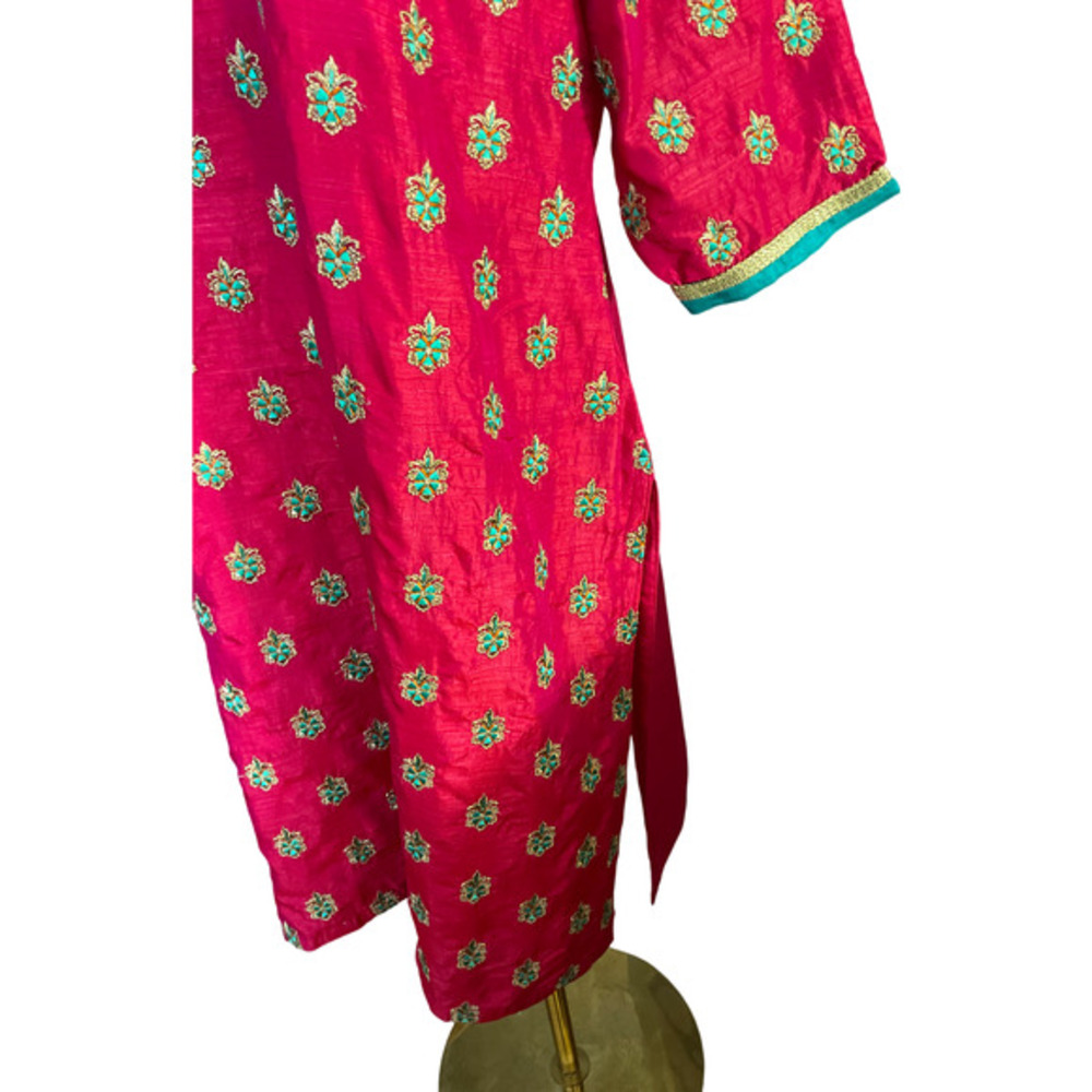 Pink Silk Blend Embroidered Kurta Tunic Teal Gold Floral Notched‎ V-Neck Festive - Picture 3 of 10